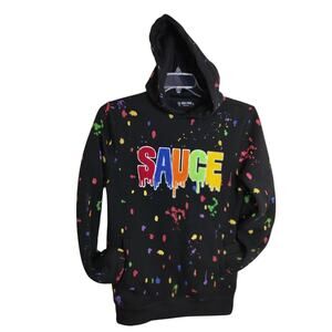 M759) Rebel Minds Rainbow Paint Splattered Embroidery 'Sauce' Hoodie Small